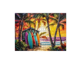 Surfers Dream-puzzel: houten puzzel van 500 of 1000 stukjes voor volwassenen Kustlandschap, strandhut en surfplanken, cadeau voor surfer