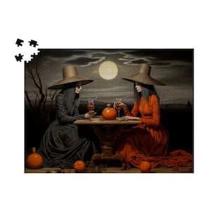 Mystical Witches at a Table, Spellbinding Delight, Dark Harvest Prairiecore Séance: Hexing in Harmony Wooden Jigsaw Puzzle 500 / 1000 piece