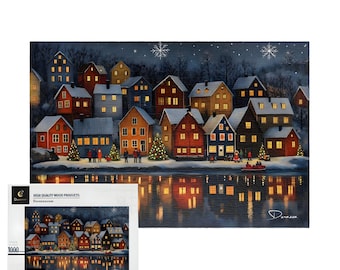 Winterdorf Puzzle 500/1000 Teile Nordische Skandinavische Kunst | Norwegische Feiertagsnacht - Durazza
