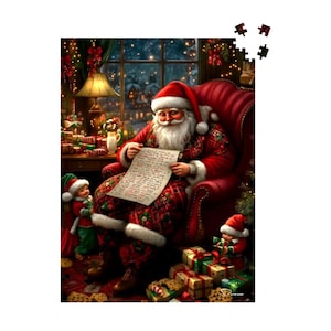 Santa Claus Jigsaw Puzzle: 500 or 1000 Piece Whimsical Christmas Puzzle for Adults, Christmas Brain Game | Santa&#39;s Reading List by Durazza