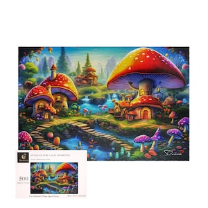 Whimsical Fairycore Jigsaw Puzzle 500 Pieces: Mushroom Fantasy Forest | Tiny Toadstool Village - Durazza