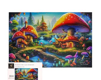 Feenkern Puzzle 500 Teile: Pilz Fantasy Wald | Winziges Fliegenpilz-Dorf - Durazza
