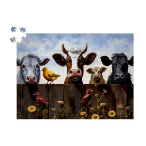 Happy Farmyard Jigsaw Puzzle: 500 or 1000 Piece Puzzle for Adults, family game night, Cow Lover Gift, Animal Puzzle, Country Art