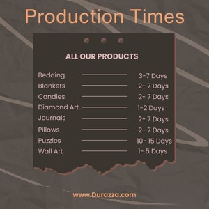 K&ouml;nnte beinhalten: Eine braune und wei&szlig;e Grafik mit dem Text "Production Times" und "All Our Products" in wei&szlig;er Schrift. Die Grafik listet verschiedene Produkte und deren Produktionszeiten in Tagen auf. Zu den Produkten geh&ouml;ren Bettw&auml;sche, Decken, Kerzen, Diamantkunst, Journale, Kissen, Puzzles und Wandkunst. Die Grafik enth&auml;lt auch die Website-Adresse "www.Durazza.com".