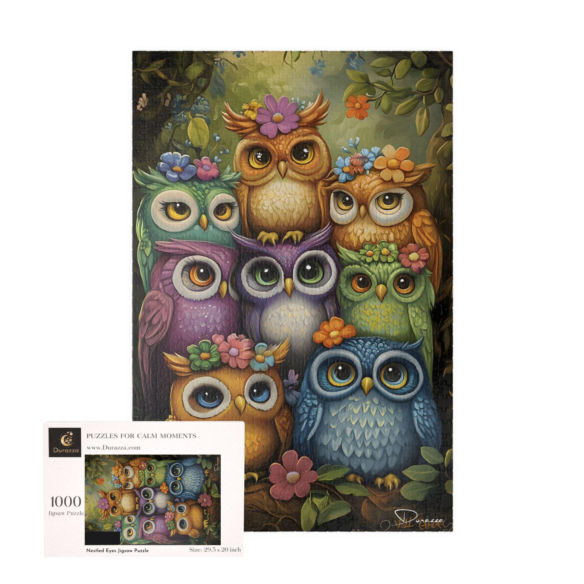Forest Owl Jigsaw Puzzle, 500 or 1000 Piece, Woodland Birds | Nestled Eyes - Durazza