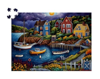 May include: A painting depicting a quaint coastal town with colourful houses, a sailboat, and a pier. The houses are painted in shades of blue, red, and yellow. The sky is dark blue with a few clouds. The water is a deep blue.