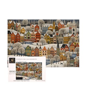 Skandinaviskt vinterpussel 500/1000 bitar: Träkonst | Snöig svensk by - Durazza bild 1