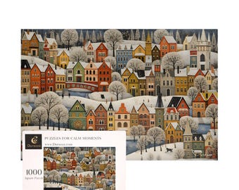 Skandinavisches Winter Puzzle 500 / 1000 Teile: Hölzern Volkskunst | Verschneites schwedisches Dorf - Durazza