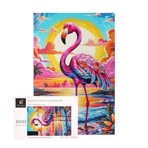 Żywe puzzle tropikalne 500 elementów, 1000 elementów, różowa plaża Florydy | Zachód słońca z flamingiem - Durazza
