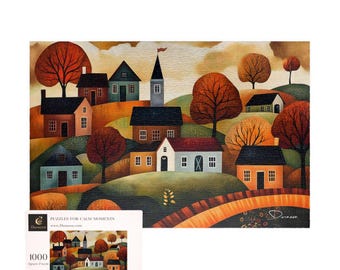 Whimsical Folk Village Jigsaw Puzzle in 500/1000 Pieces, Fall Landscape | Autumn Abode - Durazza