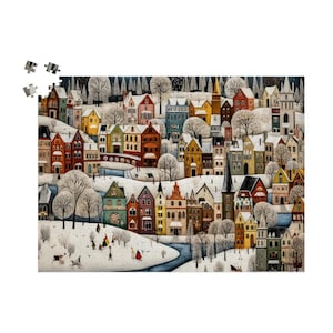 Snowy Swedish Village Wooden Jigsaw Puzzle 500 Pieces: Charming Winter Landscape, Whimsical Scandinavian Scene, Winter Folk Art
