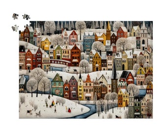 Snowy Swedish Village Wooden Jigsaw Puzzle 500 Pieces: Charming Winter Landscape, Whimsical Scandinavian Scene, Winter Folk Art