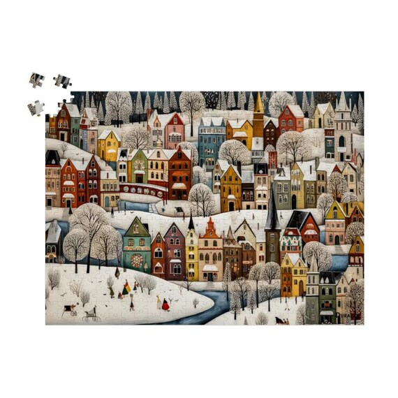 Scandinavian Winter Jigsaw Puzzle 500 / 1000 Pieces: Wooden Folk Art | Snowy Swedish Village - Durazza