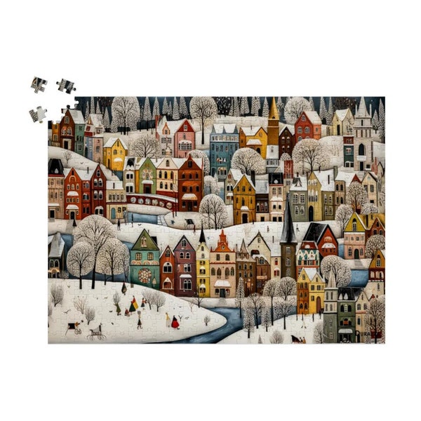 Snowy Swedish Village Wooden Jigsaw Puzzle 500 Pieces: Charming Winter Landscape, Whimsical Scandinavian Scene, Winter Folk Art