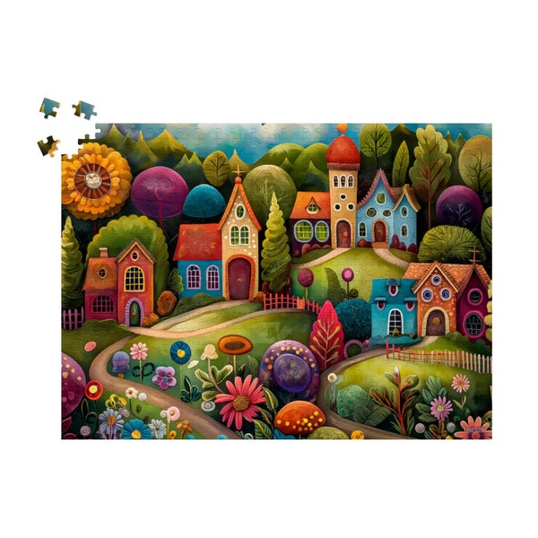 Vibrant Whimsical Village Jigsaw Puzzle: 500 or 1000 Piece Wood Puzzle for Adults, Playful Houses, Flower Fields, Fairytale Landscape