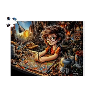 Fantasy Fusion Studio Wooden Jigsaw Puzzle 500 / 1000 Piece: Cartoon Girl Crafter, Whimsical Game, Artistic Challenge for Puzzle Enthusiasts