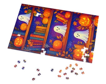 Rompecabezas de estantería fantasma de 1000 piezas para adultos. Bonito rompecabezas de Halloween con libros y calabazas en estanterías. Boo and Browse de Durazza.