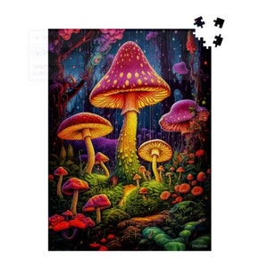 Neon Mushroom World Wooden Jigsaw Puzzle: 500 or 1000 Piece Fantasy Forest Puzzle for Adults, Whimsical Vibrant Fungi Mushroom Wonderland