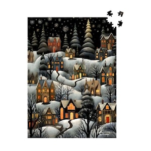Winter Village Wooden Jigsaw Puzzle: Folk Art Christmas Scene | Wonderland Glow by Durazza