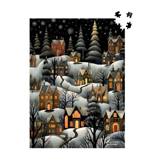 Winter Village Wooden Jigsaw Puzzle: Folk Art Christmas Scene | Wonderland Glow by Durazza