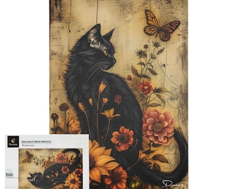 Black Cat Floral Jigsaw Puzzle - 500 or 1000 Piece Gothic Botanical | Feline's Flourish - Durazza