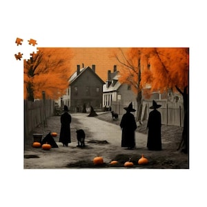 Three Witches with Pumpkins Game, Vintage Witchcraft Puzzle, Halloween Craft Gothic: Historical Witchcore Jigsaw Puzzle 500 or 1000 pieces