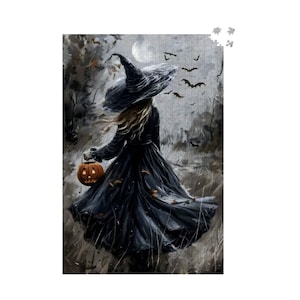 Witch Halloween Jigsaw Puzzle: 500 or 1000 Piece Whimsical Bat Puzzle for Adults, Autumn Whimsigoth Brain Game | Witch&#39;s Walk by Durazza