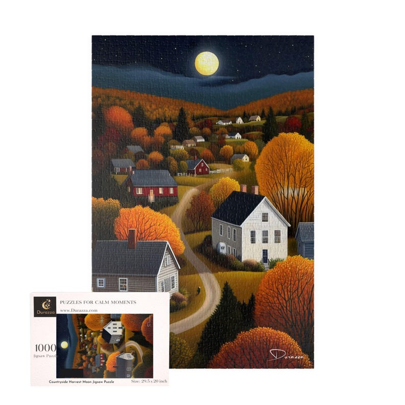 Durazza Countryside Harvest Moon box with finished wooden jigsaw puzzle.