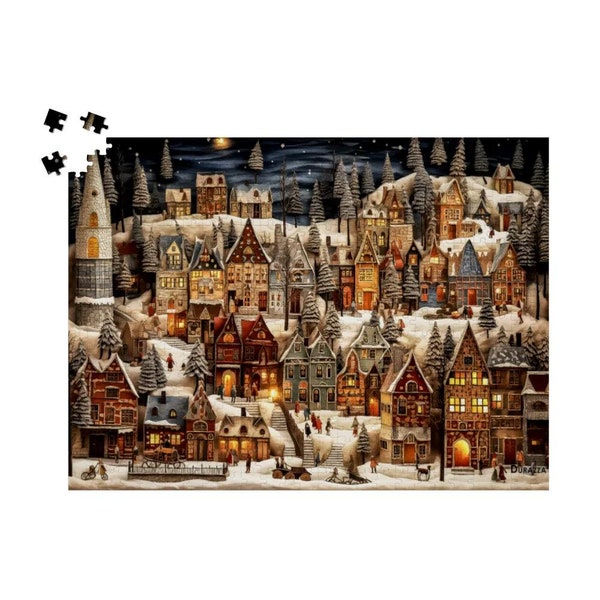 Puzzle en bois Nuit nordique festive de 500 ou 1 000 pièces : art folklorique du village suédois, scène de village de Noël enneigée, maison en bois fantaisiste