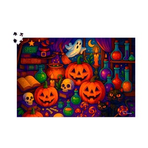 Halloween Jigsaw Puzzle for Adults in 500 or 1000 Pieces, Cute Witch Scene with Pumpkins, Potions, and Candy Cats | Trickery by Durazza