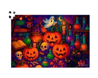 Rompecabezas de Halloween para adultos de 500 o 1000 piezas: adorable escena de bruja con calabazas, pociones y gatos de caramelo / Trickery de Durazza