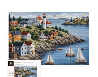 Puzzle z widokiem na wybrzeże, 1000 elementów, krajobraz wioski z latarnią morską | Harbor Haven - Durazza
