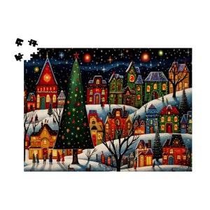 Quebra-cabeça de Vila de Natal Cintilante: 500 ou 1000 peças de papelão, atividade de Natal colorida, decoração de feriado com céu estrelado