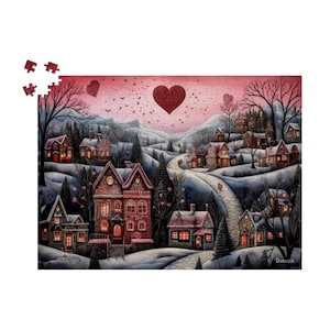 Valentine Cottages Love Haven Wooden Jigsaw Puzzle 500 / 1000 piece: Whimsical Romantic Scene, Heartfelt Snowy Village, Cozy Winter Game