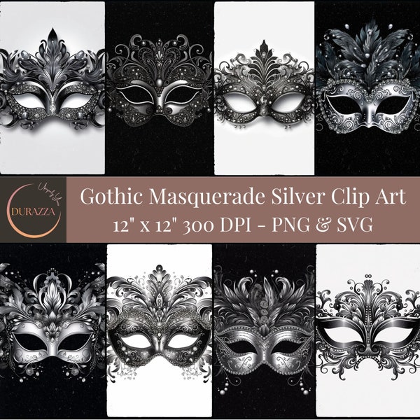 Elegant Gothic Masquerade Clip Art Set, Silver and Black Masks, Digital Download for Carnival Decor, Party Printables, Halloween Crafts