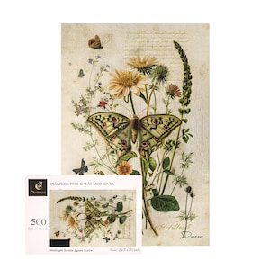 Vintage Botanical Moth Jigsaw Puzzle - 500 Piece, French Country Chrysanthemums | Mothlight Sonata - Durazza