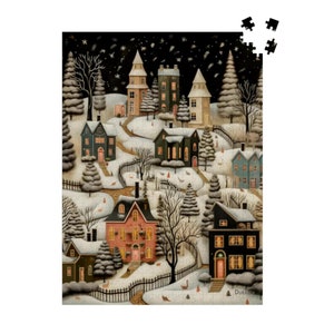 Muted Whimsy Winter Wooden Jigsaw Puzzle 500 or 1000 Piece: Secluded Folk Art Village, Cozy Holiday Activity, Charming Snowscape Challenge