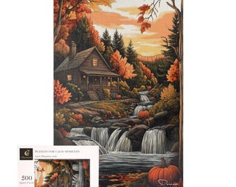 Rustic Autumn River Jigsaw Puzzle 500 Pieces | Fall Waterfall Cabin - Durazza