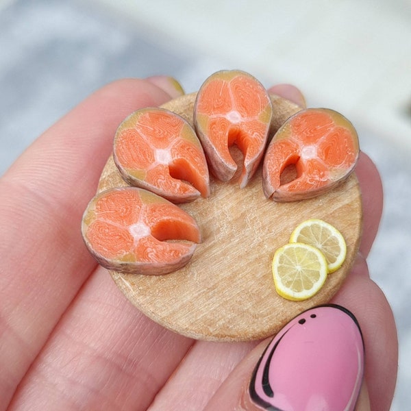 Miniature wooden board with sliced fresh salmon with lemon 1:12  scale . Miniature food for doll house Tiny glued sliced fish mini food