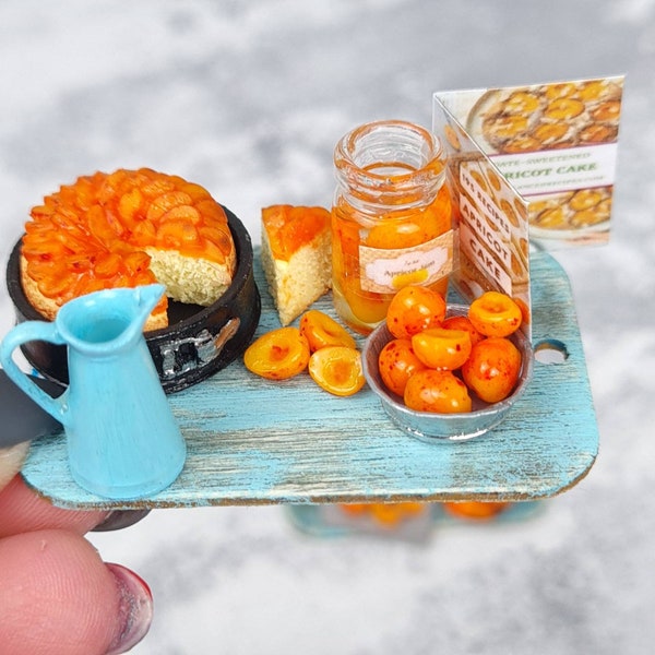 Miniature  "apricot pie cooking". Tiny apricot , pie, jar, board,  cookbook. Dolls food  1/12 scale Not glued Small mini tiny fakefood fruit