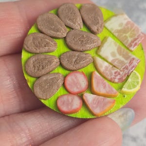 Miniature wooden board  with  beef tongue and ham and bacon  1:12 scale. Miniature food for doll house, meat shop,  miniature fakefood