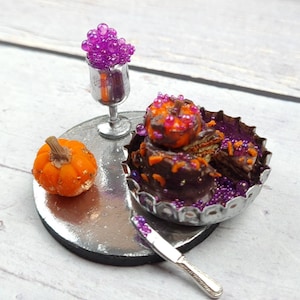 Miniature tiny Halloween sweet cute chocolate cake with pumpkins on 1:12 scale on decorated board for dollhouse  food bakery cocktail horror