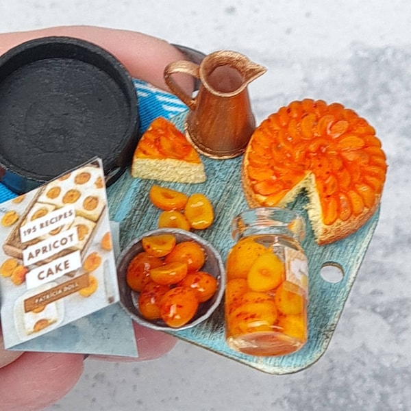 Miniature  "apricot pie cooking". Tiny apricot , pie, jar, board,  cookbook. Dolls food  1/12 scale Not glued Small mini tiny fakefood fruit
