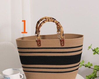 WOODEN HANDLE UNIQUE Groceries Basket Bag , Picnic bag, Travelling Bag, Beach Bag,  Market  Bag , Fruits Basket Bag, house organizing Basket