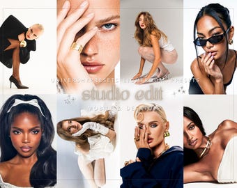 May include: A collage of eight images featuring diverse models. The images showcase various poses and styles, including close-ups and full-body shots. The text "STUDIO EDIT" and "MOBILE & DESKTOP" is visible. The overall theme is fashion and beauty.