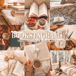 Peut inclure: Un collage d'images avec des livres, du café et des ambiances chaleureuses. Le texte "BOOKSTAGRAMS warm, soft & cosy" est affiché. Les scènes incluent des livres sur un lit, à la plage et avec des fraises.
