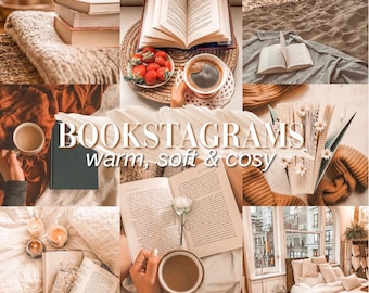 May include: A collage of images featuring books, coffee, and cozy settings. The text "BOOKSTAGRAMS warm, soft & cosy" is overlaid on the images. Scenes include books on a bed, by the beach, and with strawberries.