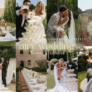 Puede incluir: Un collage de fotos de boda con parejas en varios entornos. Las imágenes incluyen una torre de champán, ceremonias al aire libre y momentos íntimos. El texto "airy wedding" y "mobile & desktop" es visible.