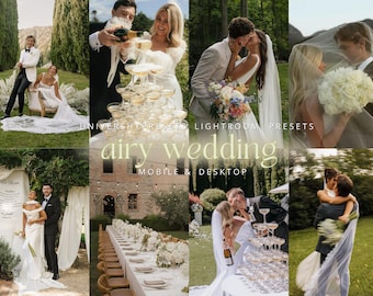 May include: A collage of wedding photos featuring couples in various settings. Images include a champagne tower, outdoor ceremonies, and intimate moments. The text "airy wedding" and "mobile & desktop" are visible.