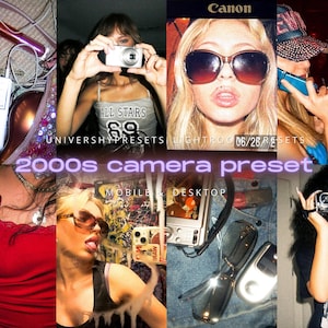 May include: A collage of images featuring 2000s-era accessories and technology. Includes a Canon camera, sunglasses, a digital camera, an iPod, and a flip phone. Text overlay reads "2000s camera preset" and "MOBILE & DESKTOP".